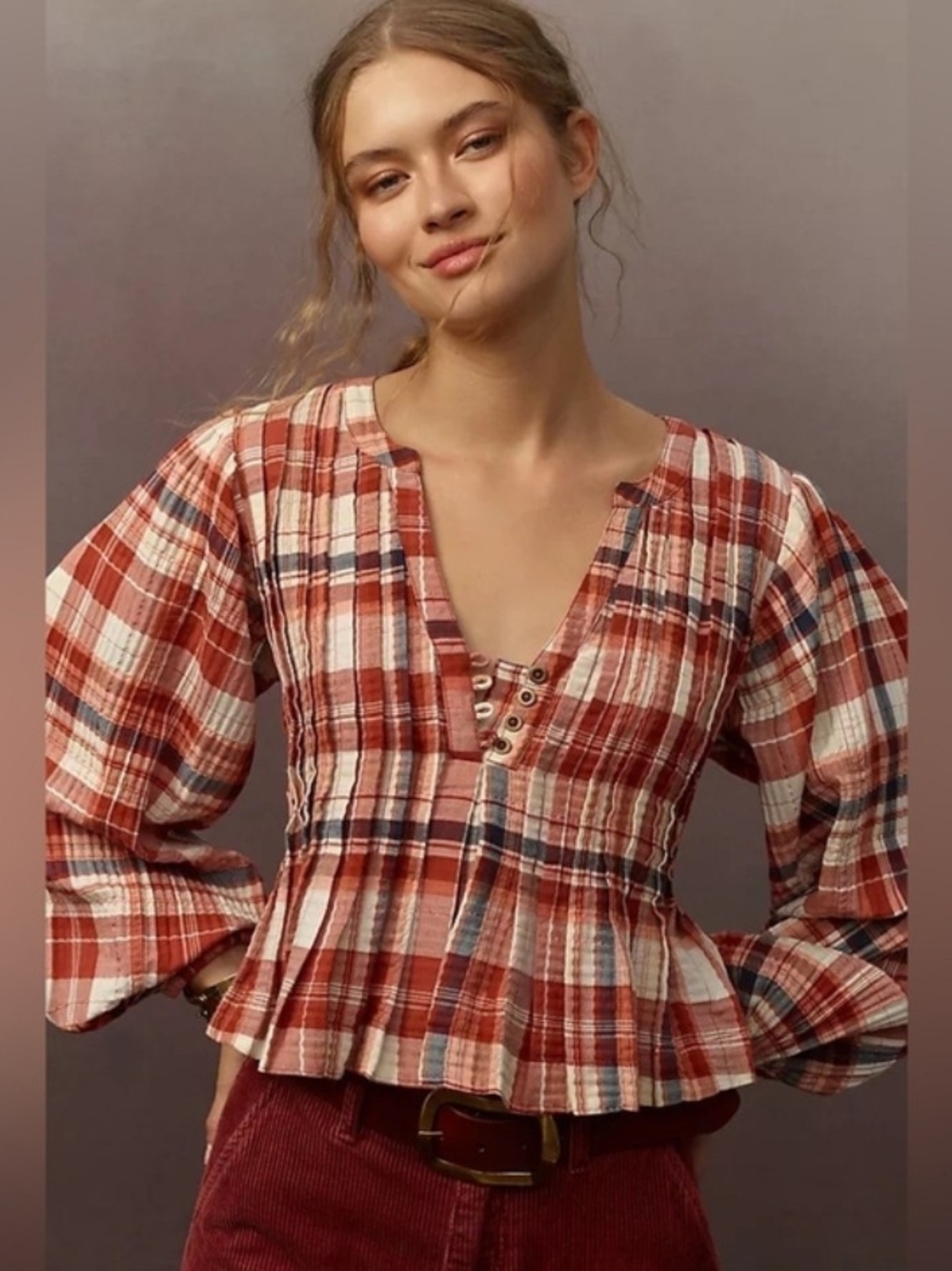 Pilcro Rust and Cream Plaid Peplum Lace-Up Blouse Size Large